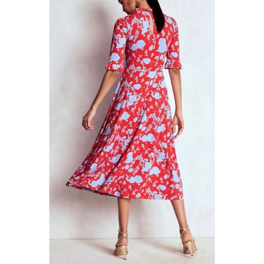 NWT Boden Floral Jersey Midi Dress Red Blue Ruffle Neck Stretch Petite 12P US 8P